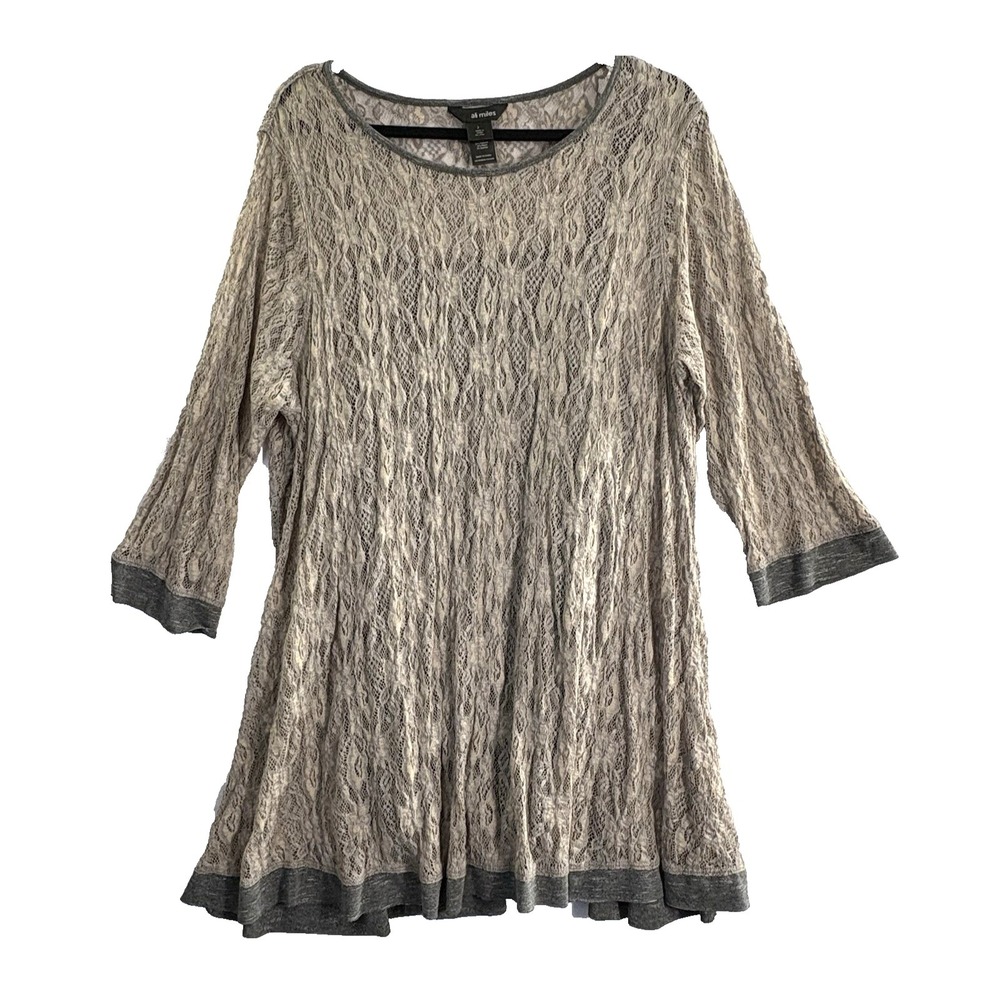 ALI MILES Women Lace Round Neck Lined 3/4 Sleeve Tunic Sz 2X Gray Boho 1-17